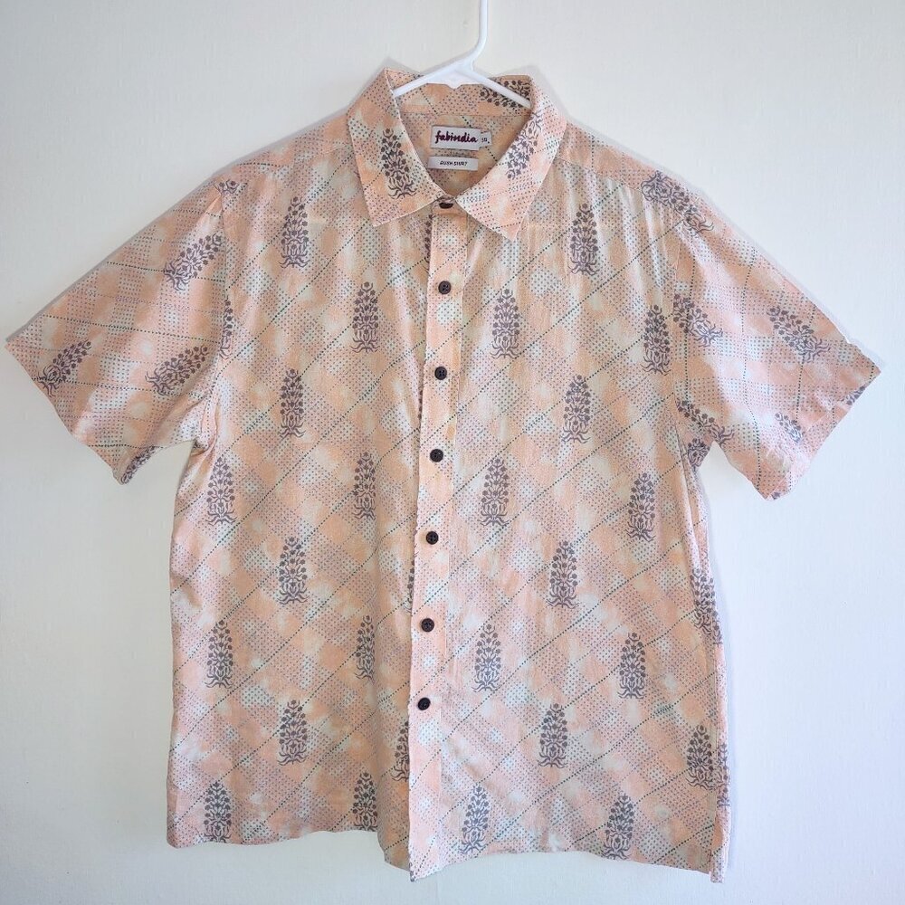 Fabindia Bush Shirt Mens EU 38 Hand-Block Nature Print Button Up Short Sleeve